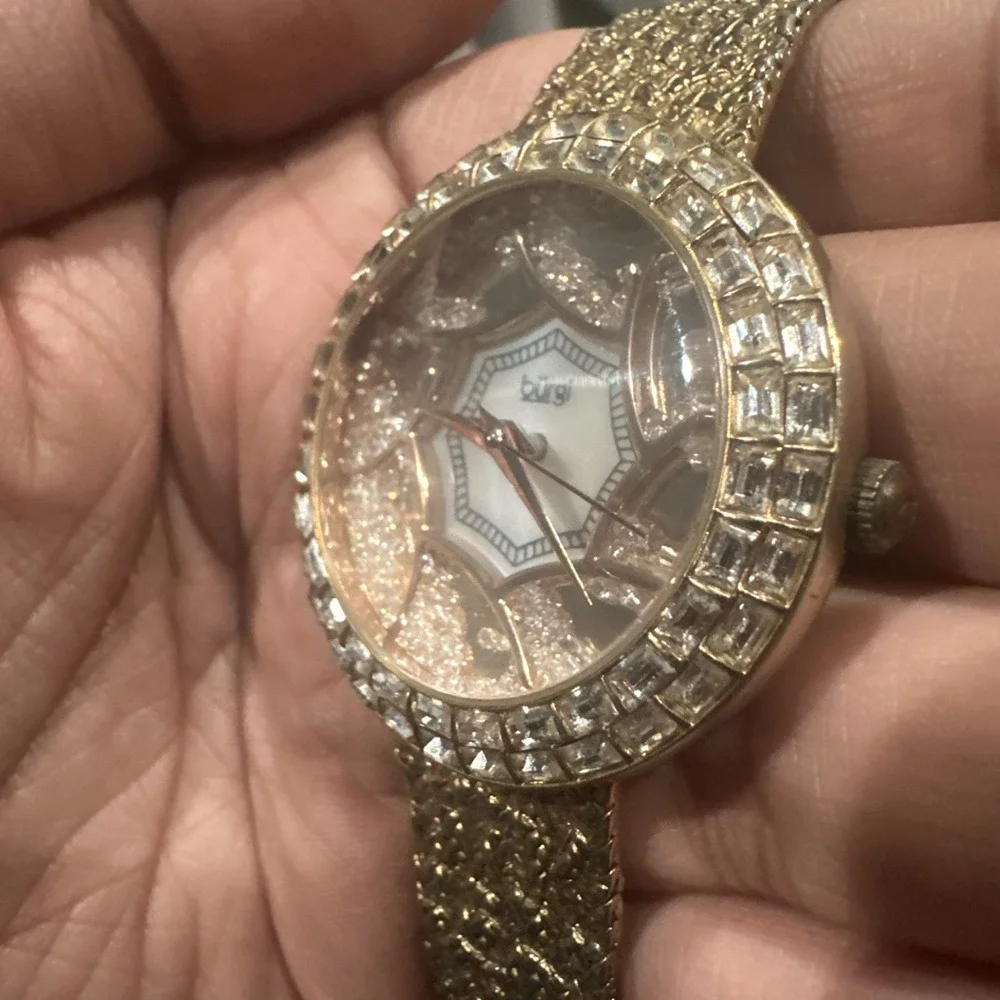 Working BURGI Womens Dainty Watch Swarovski Crystals MOP Gold Tone 37mm Fit 7.5